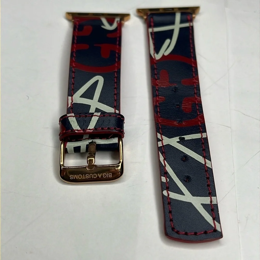 Big A Customs Logo Leather Blue Red White Apple Watch Band Rose Gold Hardware